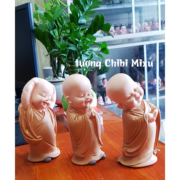 Bộ 03 tượng chú tiểu an nhiên áo nâu